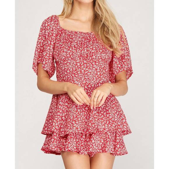 NEW SHE + SKY flutter half sleeve layered romper in red floral print - Picture 1 of 2